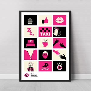 Könnte beinhalten: Ein gerahmtes Poster mit schwarzem Rahmen zeigt ein Raster aus rosa, schwarzen und cremefarbenen Quadraten, jedes mit einer grafischen Illustration. Zu den Symbolen gehören eine Käfig, ein Daumen hoch, Lippen, ein Taxischild, ein Bett, ein Reißverschluss und ein Auge. Der Text "Mr. Brightside Cult Poster Company" befindet sich unten.