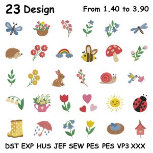 Pode incluir: Uma coleção de 23 desenhos bordados com temas de primavera e natureza. Os desenhos incluem uma borboleta, flores, um ouriço, um arco-íris, uma abelha, um cogumelo, um coelho, um caracol, pássaros, corações, um sol, uma joaninha, uma bota, um guarda-chuva e uma casinha de pássaros. O texto "23 Design" está no topo.