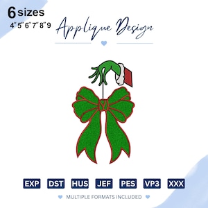 Puede incluir: Un diseño de aplique de bordado que muestra una mano verde con un puño blanco sosteniendo un gran lazo verde con bordes rojos. El texto incluye 6 sizes 4" 5" 6" 7" 8" 9, Applique Design, y formatos EXP, DST, HUS, JEF, PES, VP3, XXX, Multiple Formats Included.