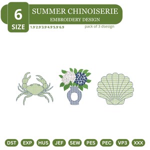 May include: A digital embroidery design set titled Summer Chinoiserie featuring three motifs: a green crab, a blue and white vase with flowers, and a green seashell. The text includes 6 SIZE, 1.9 2.9 3.9 4.9 5.9 6.9, and pack of 3 dsesign.