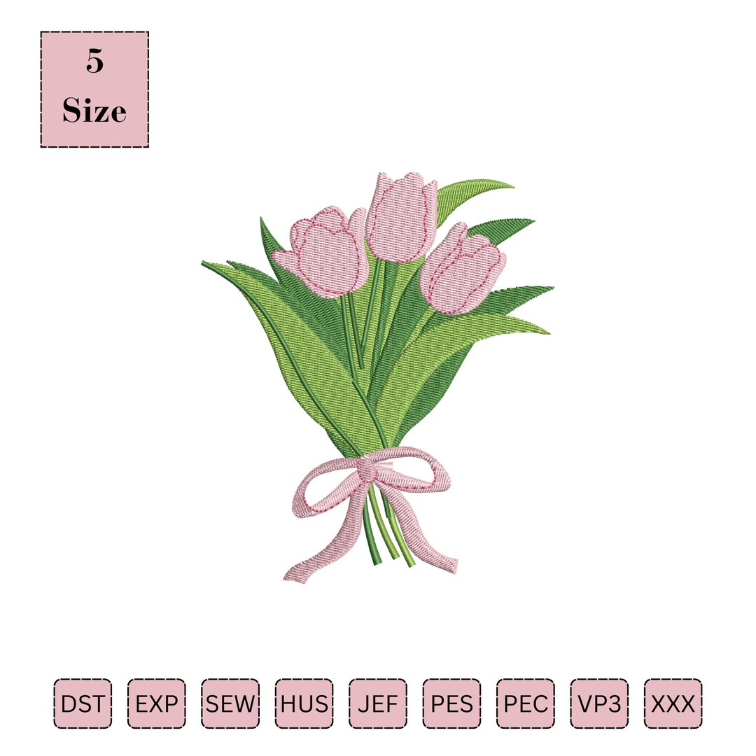 Pink Tulip Flower Embroidery Design,bouquet With Ribbon Embroidery ...