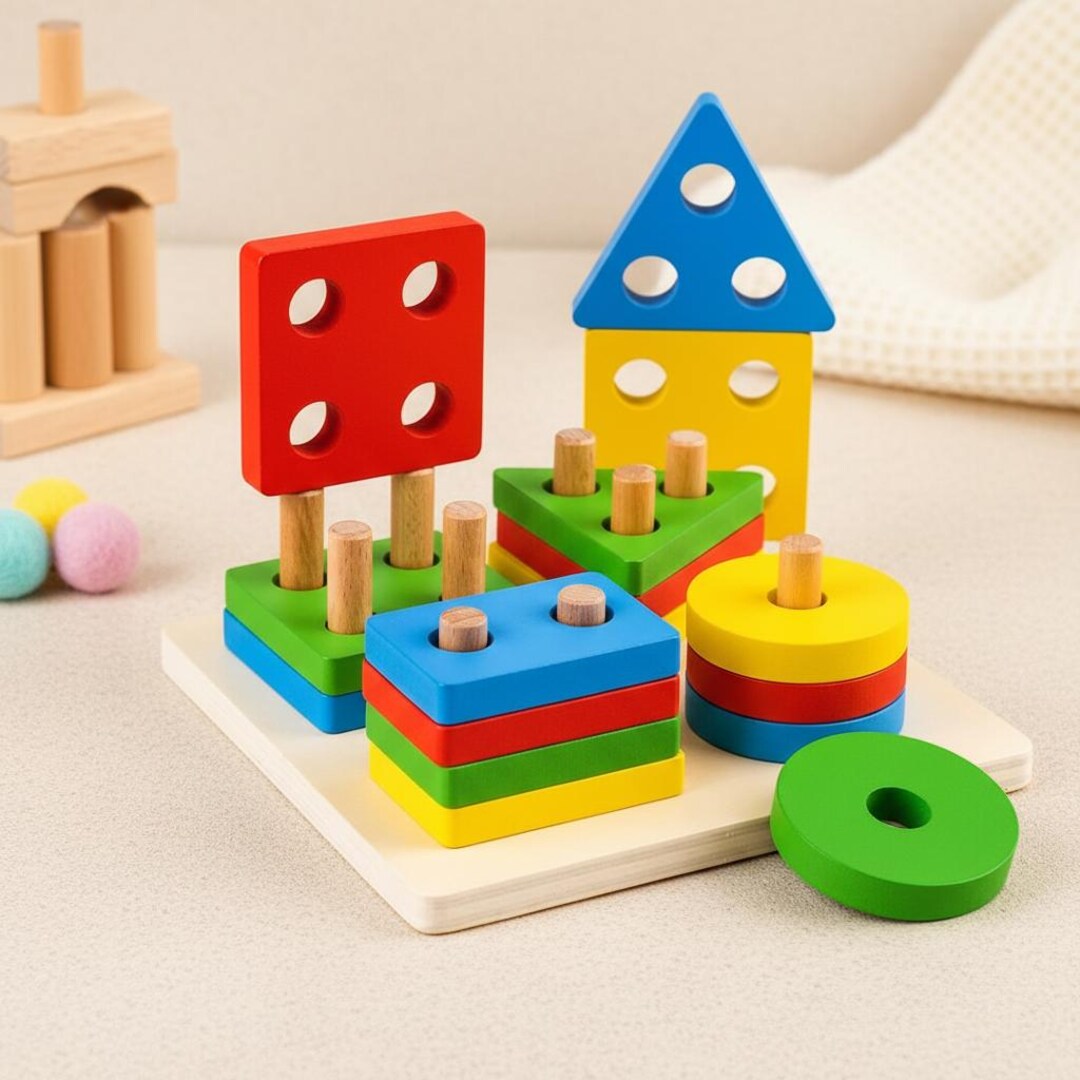Montessori Wooden Sorting & Stacking Toy – Color Shape Puzzle for ...