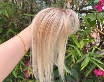 Remy Human Hair Topper Rooted Honey Balayage Blonde Silk Base, 10" Length 7x7cm