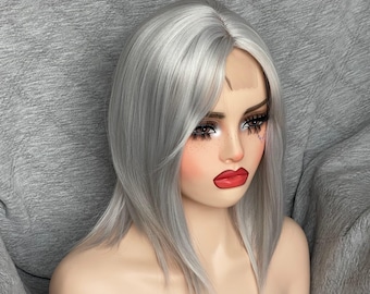 Zilvergrijze synthetische pruik met kanten voorkant | Realistische halflange asblonde cosplaypruik voor dames natuurlijk dagelijks
