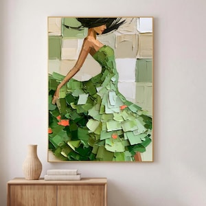 Puede incluir: Una impresión de arte mural vertical que presenta una pintura al óleo de una figura con un vestido verde voluminoso y en capas con pinceladas gruesas y texturizadas. El fondo consiste en una cuadrícula de cuadrados verdes y blancos.