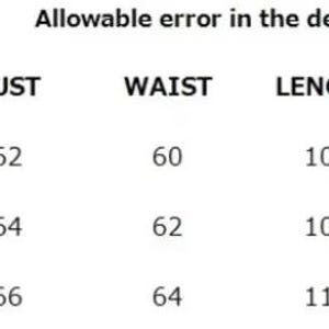 May include: A size chart with measurements in centimeters for bust, waist, length, and height. The chart includes sizes S, M, and L, with corresponding measurements and the text "Allowable error in the definition 1-2 cm."