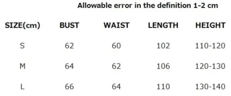 May include: A size chart with measurements in centimeters for bust, waist, length, and height. The chart includes sizes S, M, and L, with corresponding measurements and the text "Allowable error in the definition 1-2 cm."