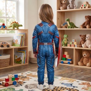 May include: A child wearing a blue and red Captain America costume, complete with a shield. The costume has a detailed design with brown accents and a belt. The child is standing in a room with wooden shelves filled with toys and books.