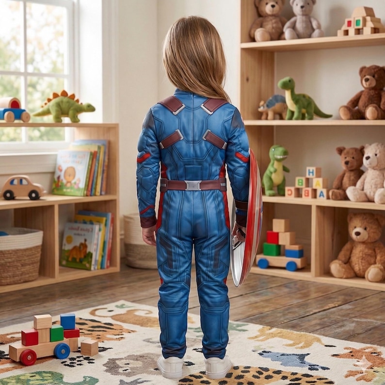 May include: A child wearing a blue and red Captain America costume, complete with a shield. The costume has a detailed design with brown accents and a belt. The child is standing in a room with wooden shelves filled with toys and books.