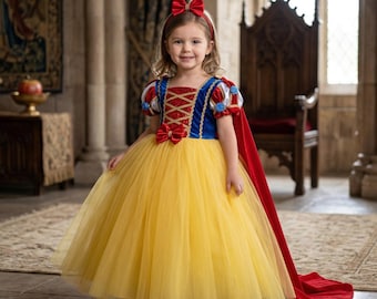 Snow White Inspired Princess Dress – Girls Fairytale Ball Gown with Cape