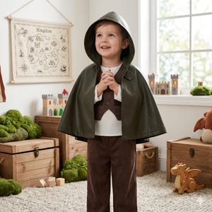 May include: A child wearing a dark green hooded cape, brown vest, and brown pants. The child is smiling and standing in front of a window. Wooden toy castles and a map of a kingdom are in the background.
