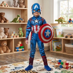 Può includere: Un bambino con un costume da Captain America, tra cui una tuta blu, una maschera e uno scudo. Il costume presenta una stella bianca sul petto e sullo scudo. Lo scudo è rosso, bianco e blu. Il bambino è in una stanza con scaffali di legno e giocattoli.