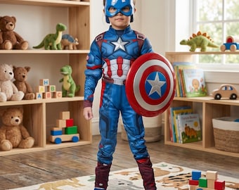 Combinaison super-héros rembourrée pour enfants avec masque et bouclier - Cosplay inspiré de Captain America