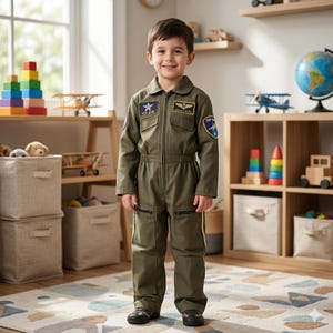 Puede incluir: Un niño con un mono de vuelo Top Gun verde oliva con parches y cremalleras. El mono tiene cuello, mangas largas y cintura. El niño sonríe en una habitación con estanterías y juguetes de madera.