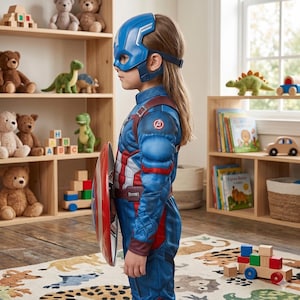 May include: A child wearing a Captain America costume, including a blue mask, a blue and red jumpsuit, and a red and silver shield. The child is standing in a room with wooden shelves filled with toys and books.