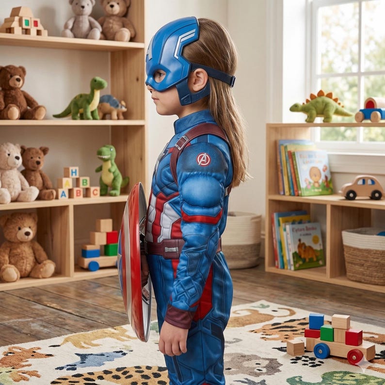 May include: A child wearing a Captain America costume, including a blue mask, a blue and red jumpsuit, and a red and silver shield. The child is standing in a room with wooden shelves filled with toys and books.