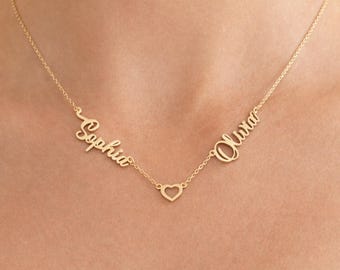 Personalized Name Necklace with Heart, Custom Double Name Necklace, 14K Gold Plated Jewelry, Mothers Day Gift for Mom, Wife, Girlfriend