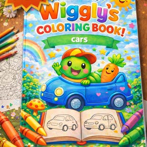 Può includere: Un libro da colorare per bambini intitolato "Wiggly's Coloring Book! cars". La copertina presenta un simpatico bruco che guida un'auto blu con una carota come passeggero. Sono visibili pastelli e una pagina parzialmente colorata.