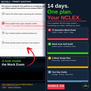 Puede incluir: Gráfico digital para la preparación del examen NCLEX. La imagen muestra una pregunta de opción múltiple, una flecha roja y detalles del paquete de preparación, que incluye un examen simulado y un plan de estudio. El paquete cuesta $18.