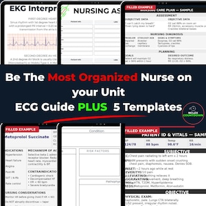 May include: A set of nursing study guides and templates, including ECG interpretation, nursing assessment, and patient care plans. The guides contain detailed medical information and are designed for organised study. The text includes "ECG Guide PLUS 5 Templates".