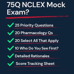 May include: A navy blue graphic with white text that reads "What's Inside the 75Q NCLEX Mock Exam?" and lists features like priority questions and detailed rationales. The text "NCLEX Countdown" is at the bottom.