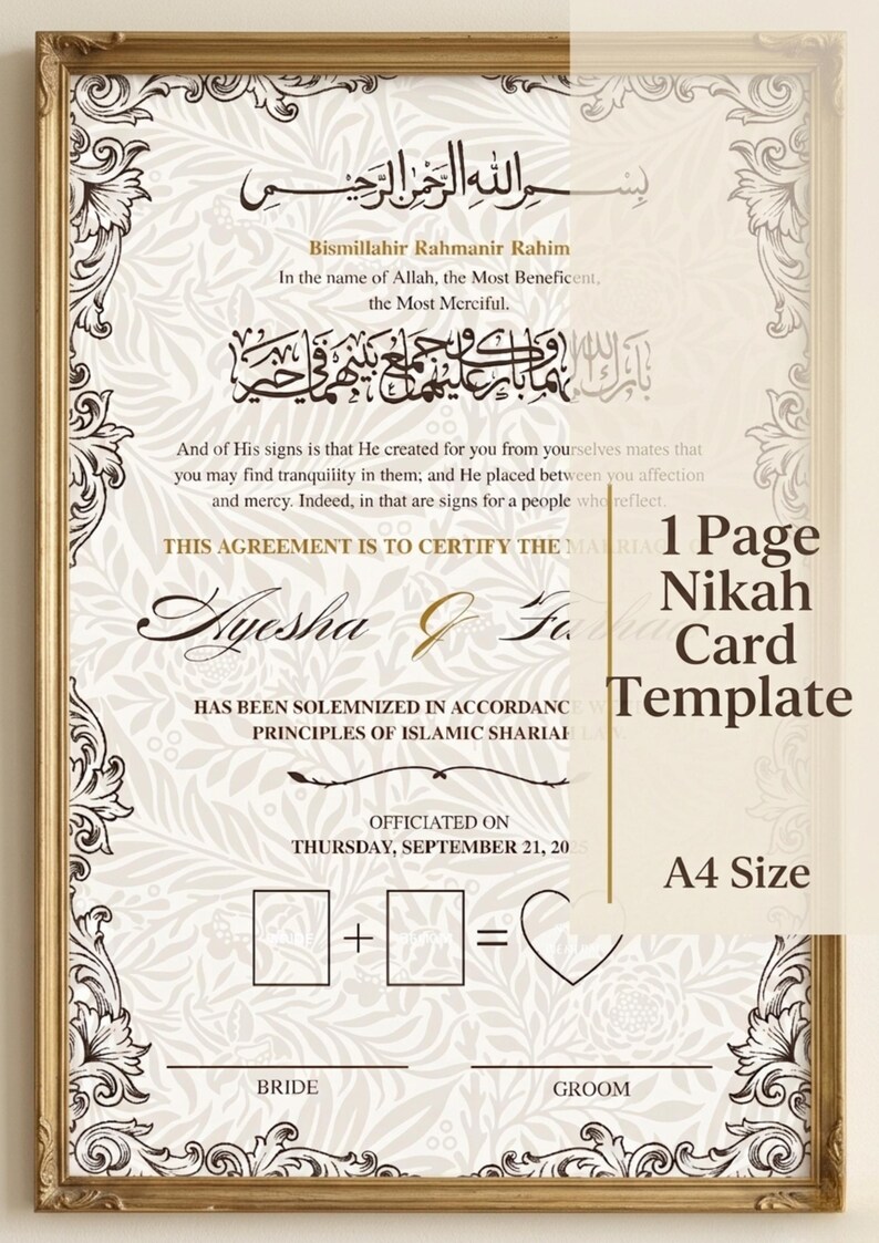 Nikah Format Luxury Nikkah Certificate Template Canva | Editable Premium Islamic ...