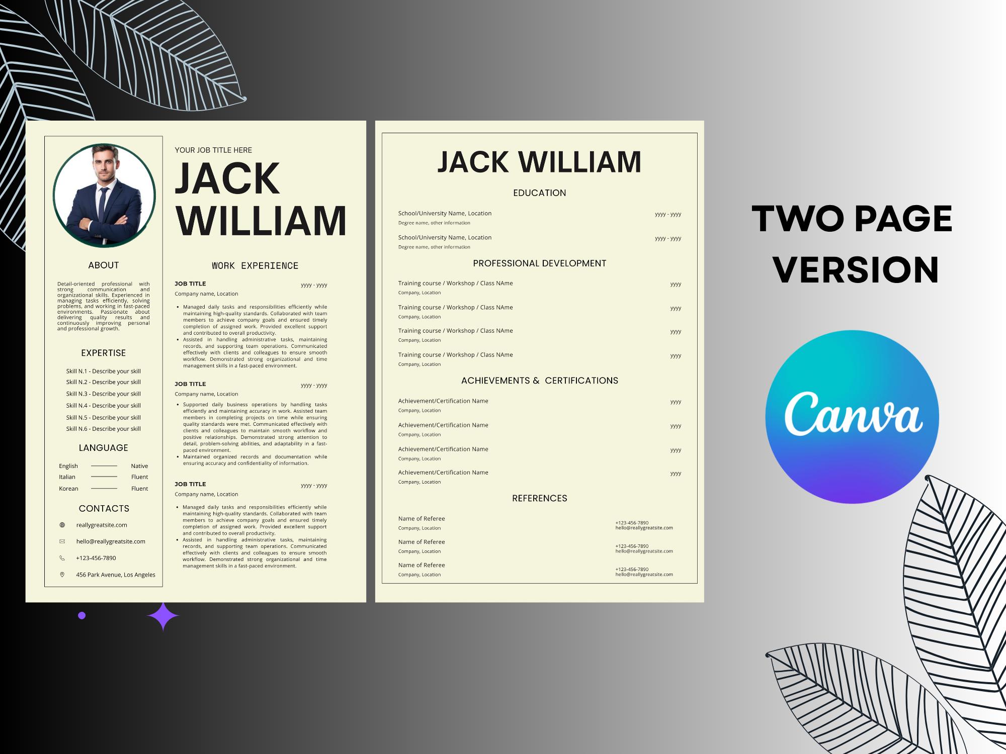Minimalist Canva Resume Template With Photo, 1-2 Page CV + Matching ...