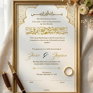Puede incluir: Un certificado de matrimonio enmarcado con detalles dorados y caligrafía árabe. El certificado incluye los nombres Zara & Zayan, un anillo de bodas dorado y una pluma estilográfica. La fecha de la ceremonia es el 29 de septiembre de 2026.