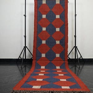 Handwoven Kilim Runner Rug- Red Blue Stair Runner Carpet, Wool Jute Rustic Corridor Hallway Runner Rug, Vintage Turkish Geometric Runner