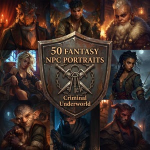 Puede incluir: Una obra de arte digital que presenta un escudo con el texto "50 FANTASY NPC PORTRAITS" y "Criminal Underworld". El escudo está rodeado de retratos de personajes de fantasía, incluyendo una figura de dragón, un humano y un enano.