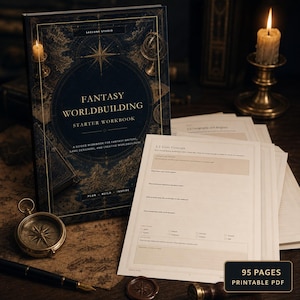 May include: A dark blue "Fantasy Worldbuilding Starter Workbook" with gold accents and a compass. The book includes the text "A guided workbook for fantasy writers, game designers, and creative worldbuilders." A stack of worksheets and a candle are also visible.