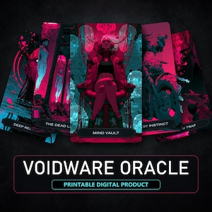 Può includere: Un set di carte oracolo con vivaci illustrazioni rosa neon e verde acqua. Le carte presentano illustrazioni di figure e scene con titoli come "Mind Vault" e "By Instinct". Il testo "VOIDWARE ORACLE" e "PRINTABLE DIGITAL PRODUCT" è visibile.