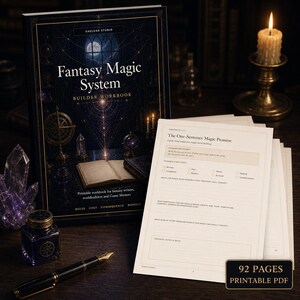 Può includere: Un quaderno blu scuro intitolato "Fantasy Magic System Builder Workbook" con elementi di design celesti. Include una penna, un calamaio e fogli di lavoro stampati. Il quaderno è progettato per scrittori fantasy e game master.