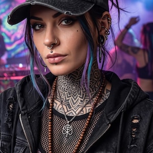 Pode incluir: Uma pessoa usando um boné de beisebol preto com o texto "JUST RAVE IT" em amarelo. A pessoa está usando uma jaqueta preta, uma blusa de rede e uma camisa estampada. Eles têm vários piercings e tatuagens.