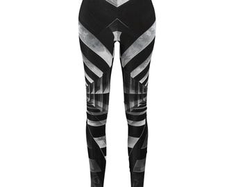 Monochrome Geometric Tunnel Leggings | All-Over Print