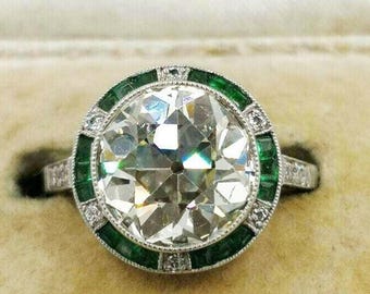 Art Deco Engagement Ring, Old European Cut Moissanite Ring, Vintage Target Ring, Antique Style Emerald Halo Ring, 14k Solid White Gold Ring,