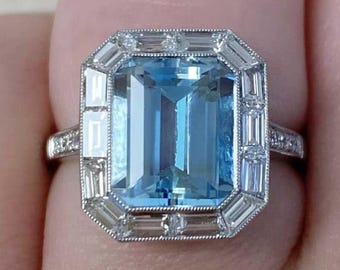 Art Deco Emerald Cut Aquamarine Engagement Ring, Solid White Gold Octagonal Halo Ring, Vintage Baguette Diamond Cocktail Ring, Antique  Ring