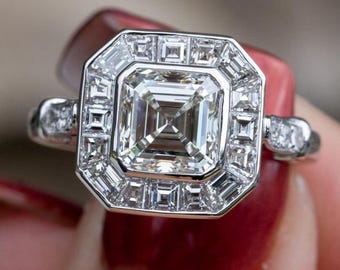 Art Deco Asscher Cut Diamond Engagement Ring, Solid White Gold Bezel Octagonal Halo Ring, Vintage Calibre Cut Bridal Ring, Unique Retro