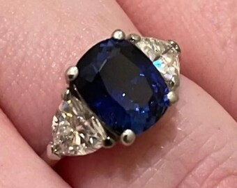 Classic Cushion Cut Blue Sapphire Engagement Ring, Solid White Gold 3 Stone Ring, Vintage Style Trillion Diamond Bridal Ring, Anniversary