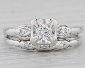 Set di anelli di fidanzamento vintage di metà secolo con incastonatura miracolosa, set da sposa con taglio rotondo a illusione, set di anelli nuziali retrò in oro bianco,