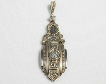 Art Deco Marcasite Pendant Necklace, 14K White Gold Geometric Lavalier, Vintage 1920s Round Diamond Filigree Pendant, Antique Statement