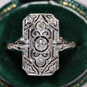 Antique Art Deco Diamond Filigree Dinner Ring, Solid White Gold Rectangular Ring, Vintage Edwardian Pierced Cocktail Ring, Anniversary Gift