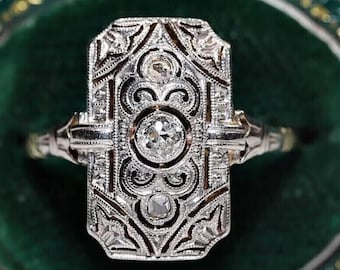 Antique Art Deco Diamond Filigree Dinner Ring, Solid White Gold Rectangular Ring, Vintage Edwardian Pierced Cocktail Ring, Anniversary Gift