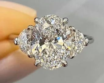 Oval Moissanite Engagement Ring, Three Stone Engagement Ring, Oval Cut Diamond Ring, 14k Solid White Gold Ring, Half Moon Side Stones