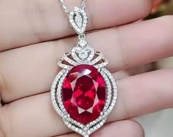 Luxury Red Ruby Pendant Necklace, 14K White Gold Royal Halo Necklace, Large Oval Cut Created Ruby Statement Pendant, July Birthstone Jewelry