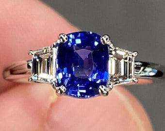 Cushion Cut Blue Sapphire Engagement Ring, Three Stone Sapphire Ring, Baguette Diamond Ring, 14k Solid White Gold Ring, Classic Sapphire