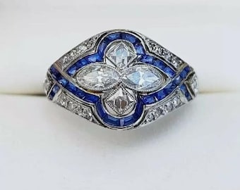 Art Deco Blue Sapphire Diamond Engagement Ring, White Gold Quatrefoil Clover Ring, Vintage Sapphire Cocktail Ring, Antique Shield Ring
