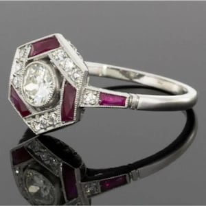Art Deco Vintage Ruby Engagement Ring , Sterling Silver Geometric Cocktail, Wedding Fine Jewelry ,Gift For Women