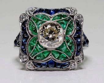 Art Deco Emerald Sapphire Ring, Old European Cut Moissanite Ring, Cluster Ring, Vintage Square Ring, Retro Bridal Jewelry, Anniversary Gift