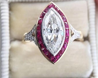 Art Deco Marquise Cut Diamond Ruby Engagement Ring, Vintage Two Tone Bezel Ring, Antique Cut Ruby Cocktail Ring, Unique Split Shank Promise